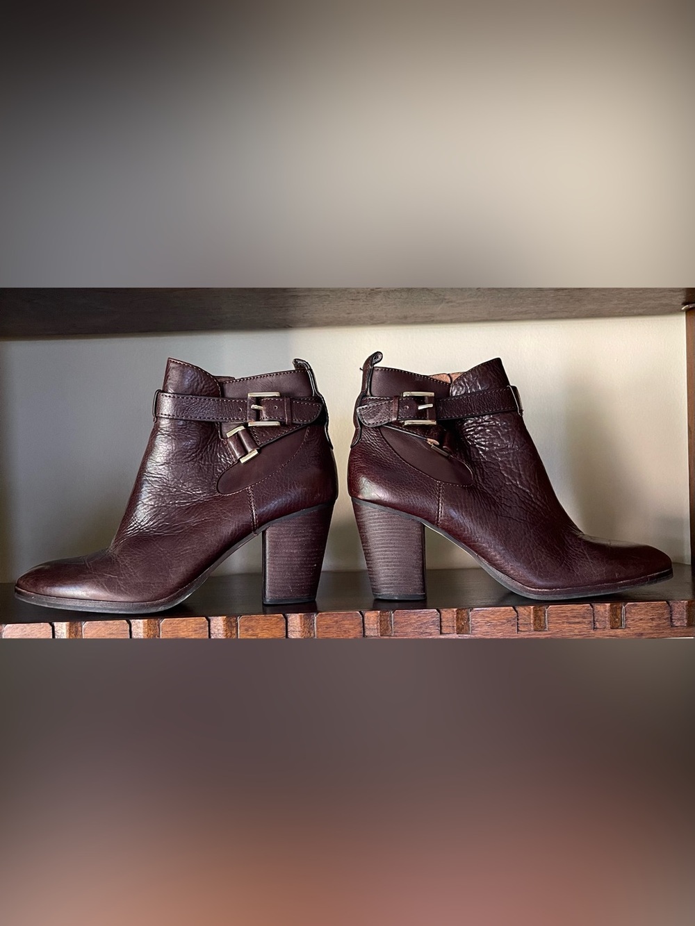 Louise et Cie Oxblood Leather Buckle Harness Ankle Boots Block Heel Women’s 8M